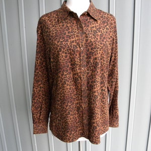 Vintage 80&#39;s Leopard Print Ultra Suede Shirt / Animal Print Shirt Jacket / Black Brown Animal Print Blouse / Size Small