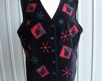 Vintage Black Christmas Vest / by Talbots / Red Beaded Black Vest / Holiday Vest / Size M