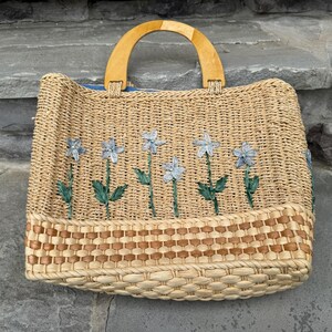 K&ouml;nnte beinhalten: Gewebte Stroh-Tragetasche mit Holzgriff. Die Tasche hat gestickte blaue Blumen mit gr&uuml;nen Stielen und Bl&auml;ttern. Der Boden der Tasche hat ein gewebtes braunes und beiges Muster.
