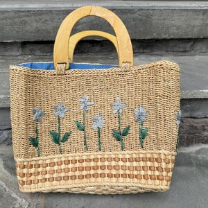 K&ouml;nnte beinhalten: Gewebte Stroh-Tragetasche mit hellblauem Innenraum und Holzgriffen. Die Tasche hat gestickte hellblaue Blumen mit gr&uuml;nen Stielen und Bl&auml;ttern. Der Boden der Tasche hat ein gewebtes braunes und beiges Muster.