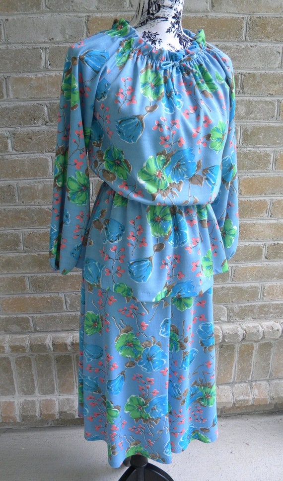 Size S Vintage Two Piece Mod Blue Floral Dress / … - image 1