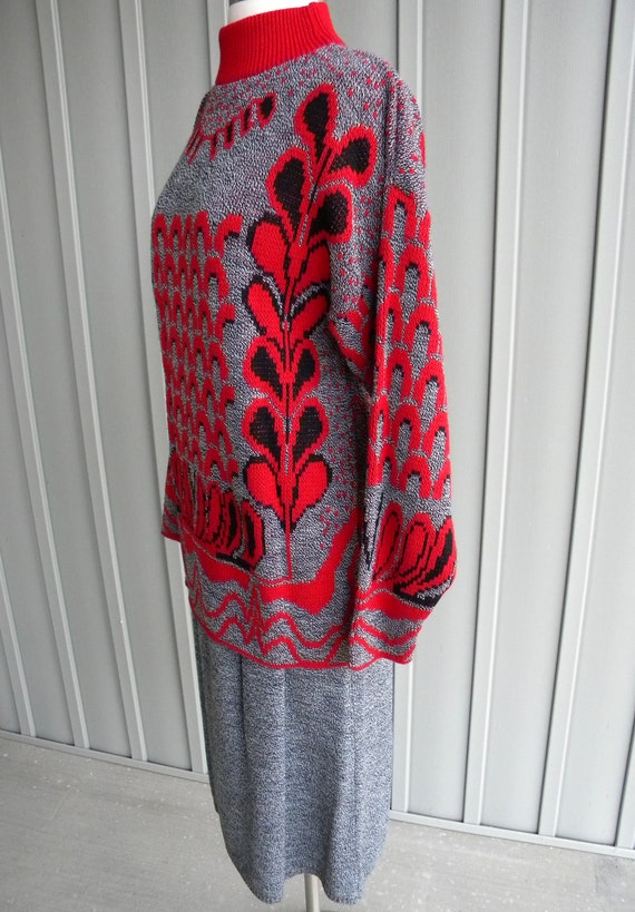 80's Vintage Two Piece Sweater Dress / Red and Gr… - image 2