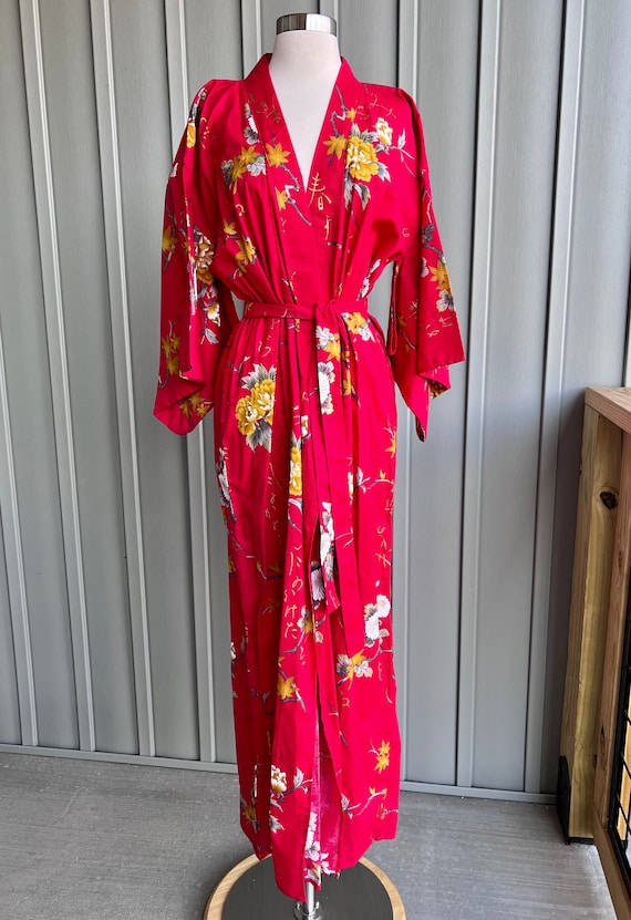 Vintage Traditional Red Floral Kimono / Cotton Ki… - image 6