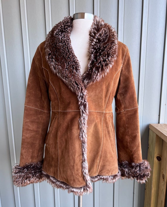 Vintage Faux Fur Suede Jacket / Fake Fur Lined Suede Coat / BKE