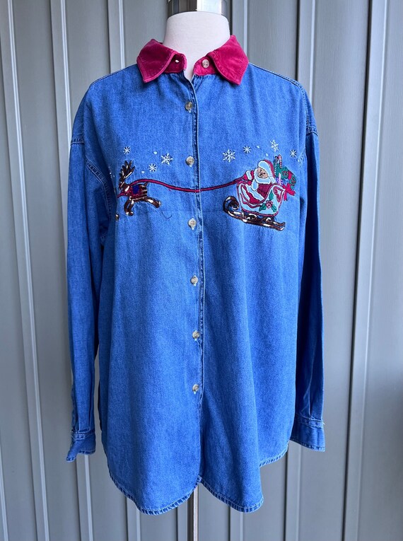 Vintage Christmas Denim Shirt / Festive Denim / S… - image 1