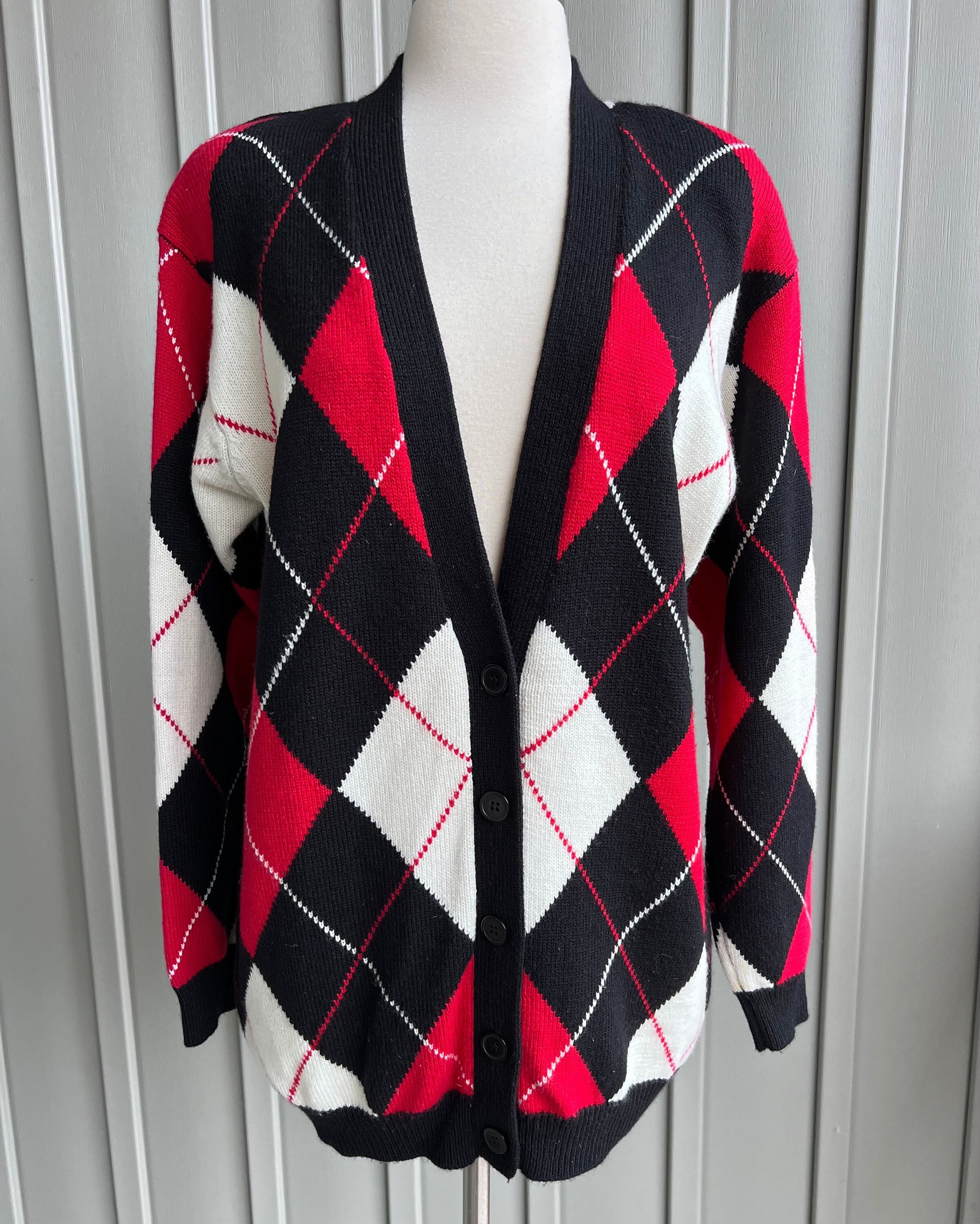 Vintage 80's/90's Cardigan Sweater by Rena Rowan for Saville Red Black  Cream Argyle Sweater Wool Blend Size S/M