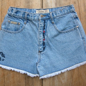 Size 28 Vintage Embroidered High Waist Denim Shorts by Zana*di / Vintage Denim Shorts with Raw hem and Embroidery Trim / 28 inch Waist