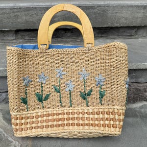 K&ouml;nnte beinhalten: Gewebte Stroh-Tragetasche mit Holzgriffen. Die Tasche hat gestickte blaue Blumen mit gr&uuml;nen Stielen und Bl&auml;ttern. Der Innenraum ist mit blauem Stoff gef&uuml;ttert. Der Boden der Tasche hat ein dekoratives Webmuster.