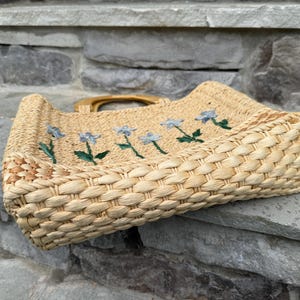 K&ouml;nnte beinhalten: Gewebte Stroh-Tragetasche mit rechteckiger Form und Holzgriff. Die Tasche hat gestickte blaue Blumen mit gr&uuml;nen Stielen und Bl&auml;ttern. Die Tasche ist aus naturfarbenem Stroh gefertigt.