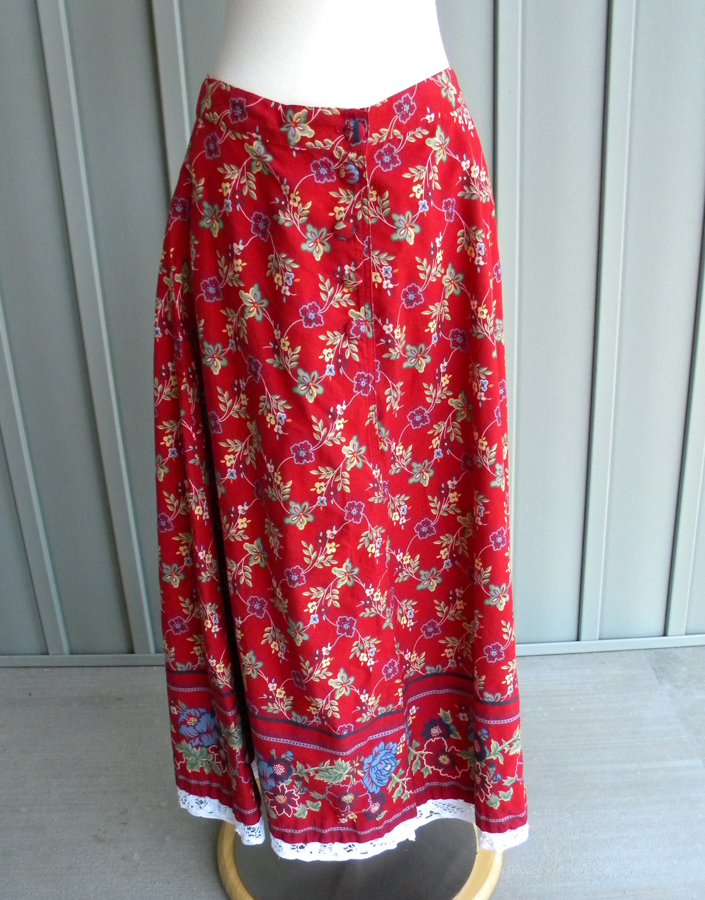 Vintage Red Floral Maxi Skirt / by Nipon Studio / Full Skirt