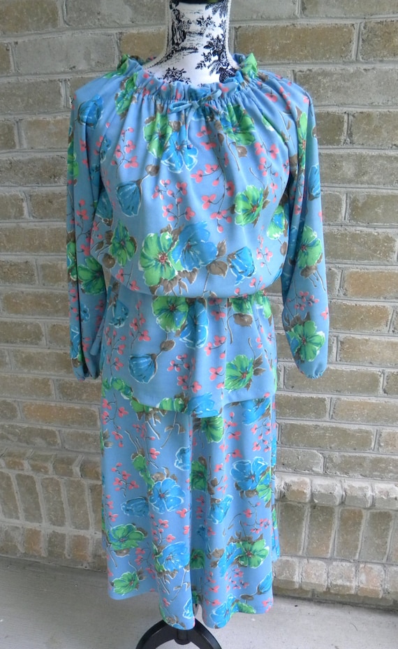 Size S Vintage Two Piece Mod Blue Floral Dress / … - image 5