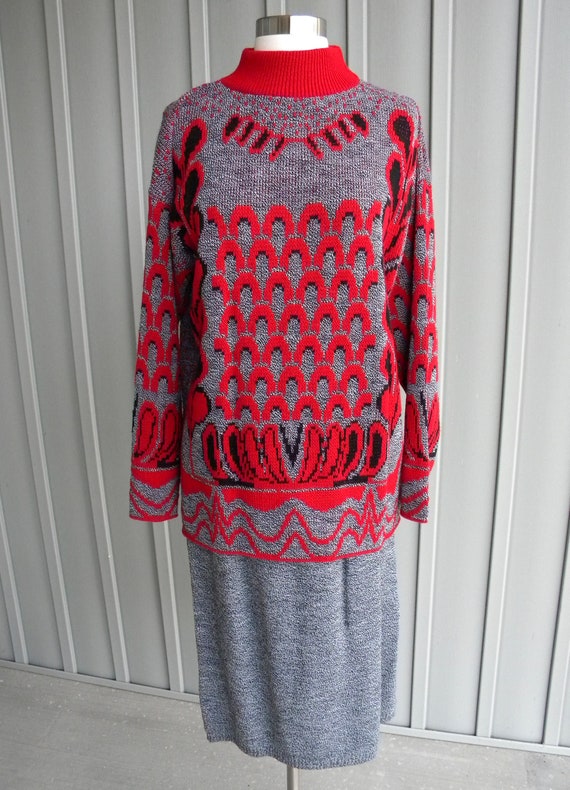 80's Vintage Two Piece Sweater Dress / Red and Gr… - image 1