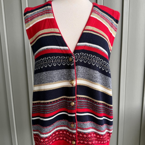 Vintage Stripe Sweater Vest / Red Gold Navy / Gold Buttons / Made in USA / Size L