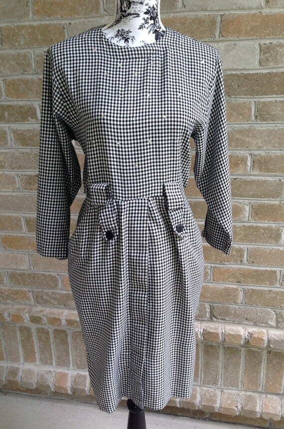 Vintage 80's Black and White Check Dress / Clues Collections New York Paris / Vintage Houndstooth Dress S/M