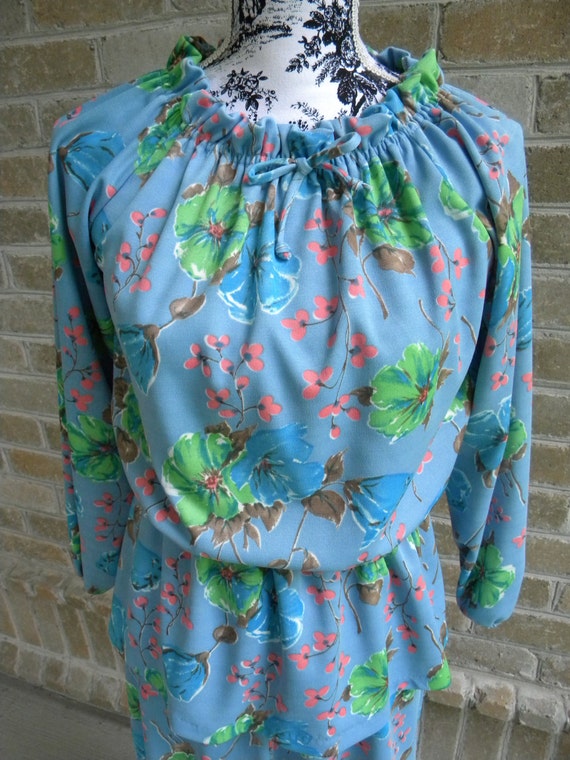 Size S Vintage Two Piece Mod Blue Floral Dress / … - image 2