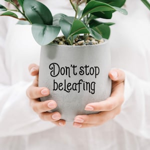 Sticker for the flower pot with a funny saying, Don't stop beleafing as a gift for plant lovers