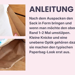 K&ouml;nnte beinhalten: Ein brauner Papiersack mit wei&szlig;er Innenseite. Das Bild enth&auml;lt eine Anleitung mit dem Titel ANLEITUNG, die erkl&auml;rt, wie man den Sack in Form bringt, indem man ihn entfaltet und den oberen Rand ein- bis zweimal umst&uuml;lpt f&uuml;r den Paperbag-Look.