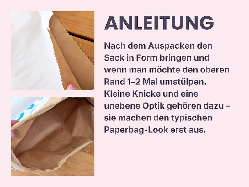 K&ouml;nnte beinhalten: Ein brauner Papiersack mit wei&szlig;er Innenseite. Das Bild enth&auml;lt eine Anleitung mit dem Titel ANLEITUNG, die erkl&auml;rt, wie man den Sack in Form bringt, indem man ihn entfaltet und den oberen Rand ein- bis zweimal umst&uuml;lpt f&uuml;r den Paperbag-Look.