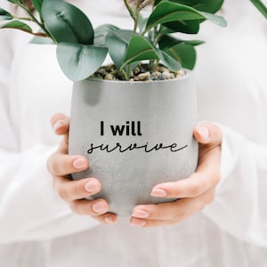 Sticker for flower pot with funny saying "I will survive", sticker for pots and vases as home decoration or gift idea