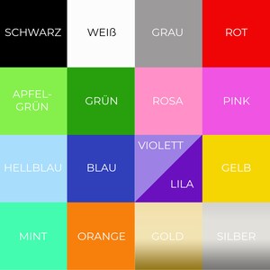May include: A color chart with 16 different colors, each with a German word describing the color. The colors are arranged in a grid pattern. The colors include black, white, gray, red, apple green, green, pink, light blue, blue, violet, yellow, mint, orange, gold, and silver.