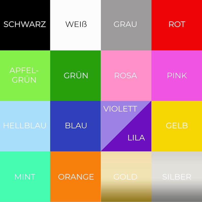 May include: A color chart with 16 different colors, each with a German word describing the color. The colors are arranged in a grid pattern. The colors include black, white, gray, red, apple green, green, pink, light blue, blue, violet, yellow, mint, orange, gold, and silver.