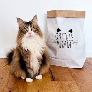 Personalizable white paper bag for cats to play in or store cat toys as a gift for cat owners