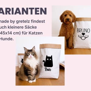 K&ouml;nnte beinhalten: Wei&szlig;e Aufbewahrungss&auml;cke aus Papier mit braunem Umschlag, bedruckt mit einer schwarzen Katze und dem Namen Bob sowie einer Hundenase und dem Namen Bruno. Der Text lautet: VARIANTEN Bei made by gretelz findest du auch kleinere S&auml;cke (60x45x14 cm) f&uuml;r Katzen und Hunde.