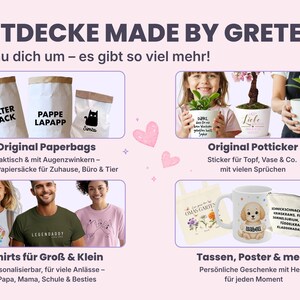 Produktübersicht made by gretelz: personalisierte Papiersäcke, Original Potticker Blumentopf-Sticker, Shirts für Kinder und Erwachsene sowie Tassen und Poster – persönliche Geschenke mit Herz