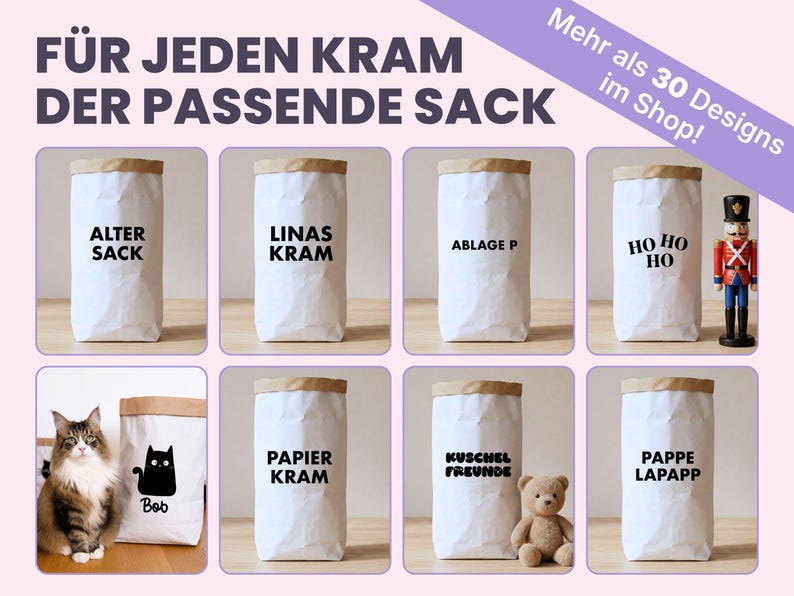 Übersicht mehrerer Papiersäcke aus Kraftpapier mit verschiedenen Sprüchen wie Alter Sack, Names Kram, Papierkram oder Ho, Ho, Ho zu Weihnachten, eine dekorative Aufbewahrung für Zuhause, Büro, Kinderzimmer, außerdem ein etwas kleinerer Sack mit Katzenmotiv, den es auch für Hunde gibt.