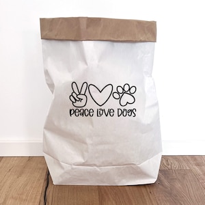 Sacchetto di carta per cani per riporre giocattoli, coperte e guinzagli, come regalo per i proprietari di cani, Peace Love Dogs