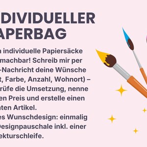 K&ouml;nnte beinhalten: Eine hellrosa Grafik mit dem Text INDIVIDUELLER PAPERBAG, gefolgt von deutschen Anweisungen f&uuml;r individuelle Papiers&auml;cke. Drei Pinsel mit orangefarbenen Stielen und gelb, blau und pink gef&auml;rbten Borsten befinden sich rechts.