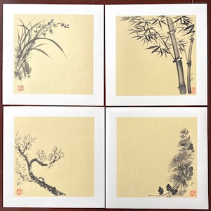 四君子-Vier Gentlemen-Original japanisches SumiE Set-Shikunshi-vier Gemälde Set-Japanische Kalligraphie-Zen-Wabisabi-Minimalismus