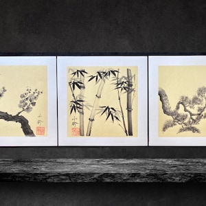 松竹梅-Shochikubai set-pine, bamboo,and plum plants-Original Japanese SumiE set-three painting set-Japanese calligraphy-zen-wabisabi-minimalism