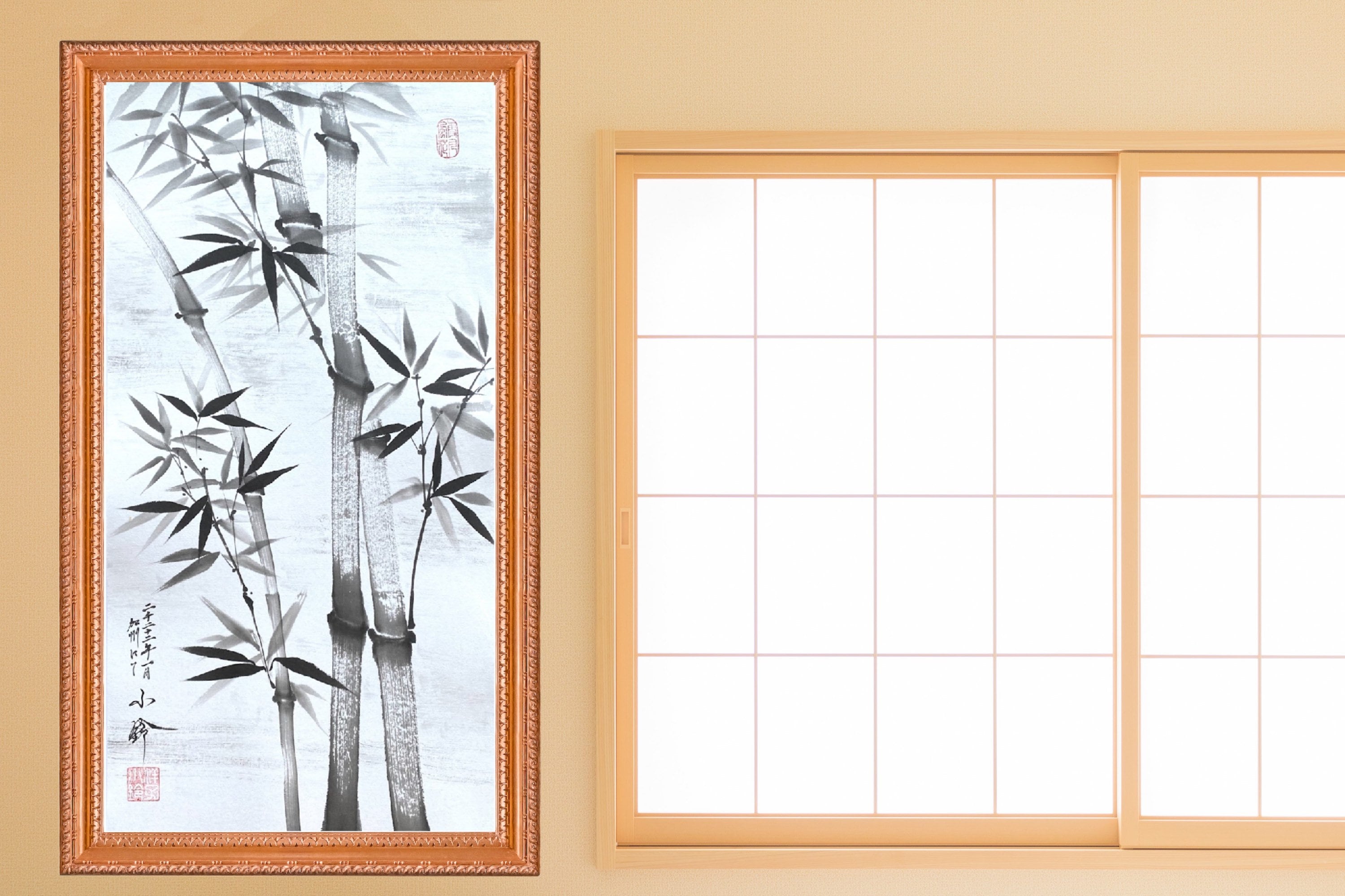 水墨画 日本の伝統的な家屋 水墨画 民家 田園風景画 風景画 茅葺屋根 絵画