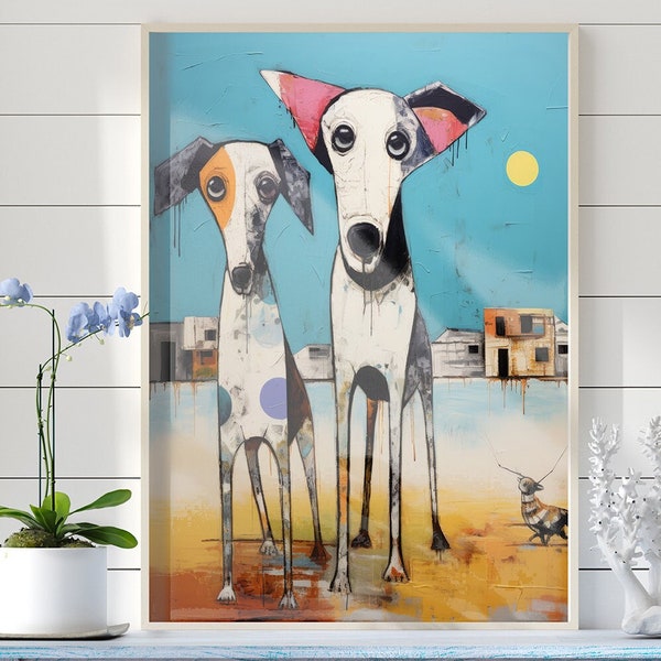 Dog wall art, Abstract dogs on beach, Cute dog wall art, Modern dog canvas art for beach house decor, Coastal family living room wall decor