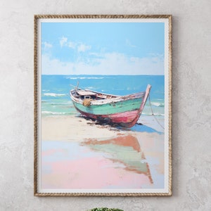 Rustic boat painting, Fishing boat wall art, Boat on beach cottage prints, Colourful coastal home decor, Summer wall art, Boat house decor