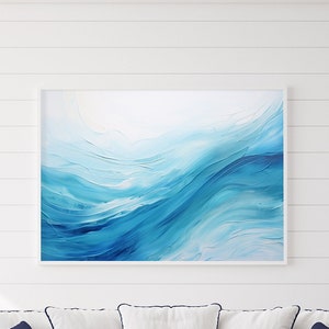 Oceanscape art print, Blue and white coastal wall art, Seascape poster for beach house decor, Modern Hamptons style large abstract canvas