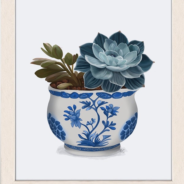 Echeveria plant in chinoiserie pot, Botanical home decor made in UK, Eastern style wall art framed or unframed, Minimalist art dining room