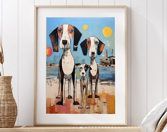 Coastal dog art print in abstract style for family living room or children bedroom, Funky wall art decor of funny dogs and puppy on beach
