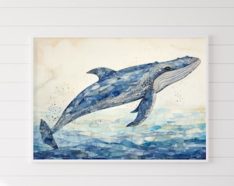 Coastal Tranquil Blue Whale Landscape Art Print, Mosaic Abstract Painting of Marine Mammal in Ocean, Large Nautical Canvas or Poster
