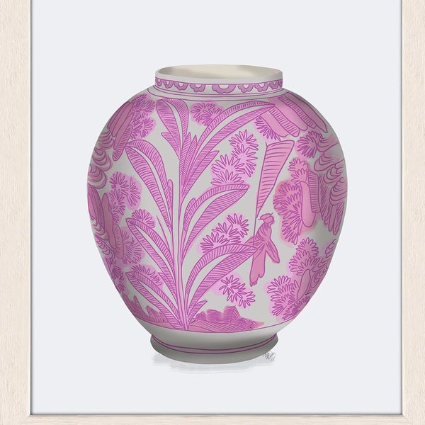 Ginger jar print, Pink & white illustration of a oriental pot with a palm leaf design, Chinoiserie decor for pink room wall art framed