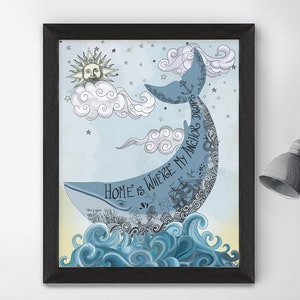Blue Whale Print, Housewarming gift idea, new home gift, sperm whale wall art print, whale painting, large nautical canvas, modern poster