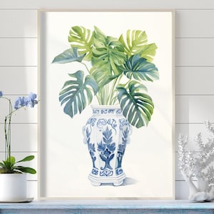 Blue White Chinoiserie Vase Print, Monstera Leaves, Coastal Hamptons Decor