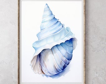 Impression d'art paisible coquillage côtier dans un style aquarelle pour une décoration de maison de plage de luxe dans des tons de bleu doux, encadrée sans cadre ou grande toile