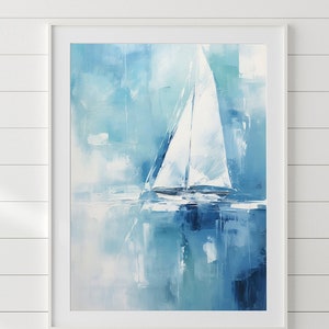 Sailboat nautical print, Abstract sailing art in blue and white, Yachting decor for coastal living room, Calming art print or large canvases