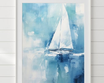 Impression nautique de voilier, art abstrait de la voile en bleu et blanc, décoration yachting pour salon côtier, impression d'art apaisante ou grandes toiles