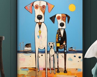 Peinture abstraite de famille de chiens, impression géniale de chiens et de chiots sur la plage, décoration côtière pour amoureux des chiens, oeuvre d'art sur toile pour chambre d'enfants