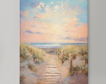 Art mural esthétique de scène côtière, impression d'art de paysage marin, peinture de dunes de sable, affiche de coucher de soleil sur la plage, impression d'art apaisante, décoration côtière neutre