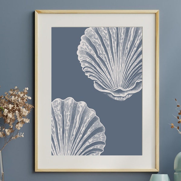 Seashell art print in slate blue and dove grey, Sea scallop wall art for modern coastal home decor or ocean inspired bathroom