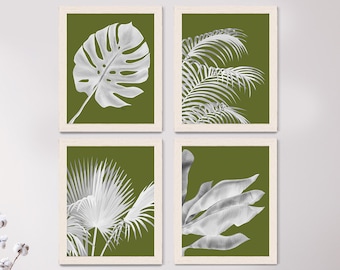 Tropical Decor - Tropical Leaves 1, White on Green - tropical prints palm leaf tropical art palm print tropical wall art green art print